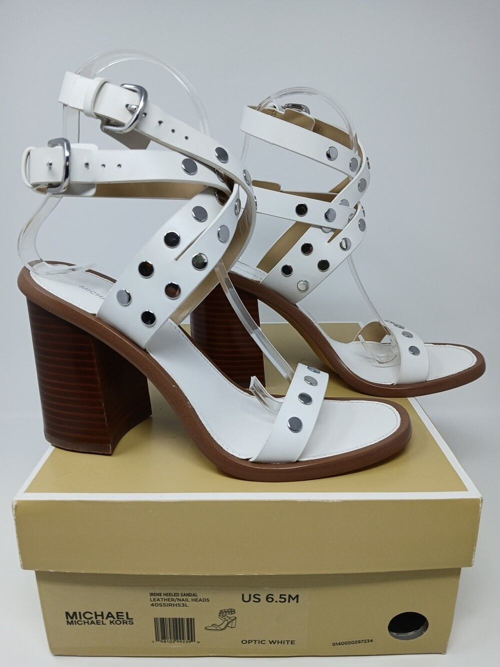 Michael Kors Studded Optic White Leather Ankle Strap Flat Sandal Women Sz 6.5M